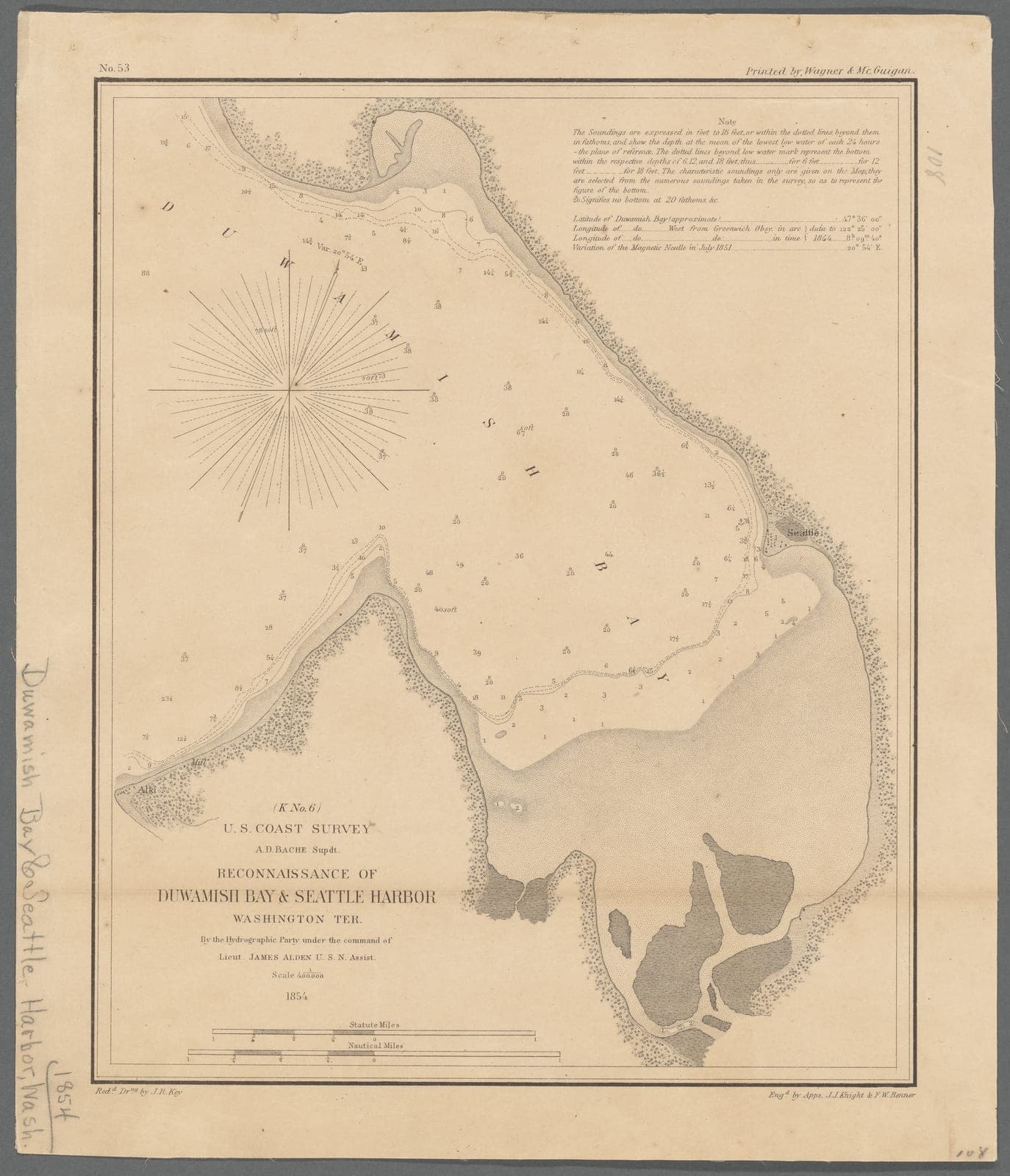 An 1854 US Coast Survey chart titled Reconnaissance of Duwamish Bay & Seattle Harbor, Washington Ter. Depth soundings fill the bay, a compass rose sits in the upper left, wide tideflats are shaded at the mouth of the Duwamish River, and Alki Point is marked at the lower left with Seattle on the eastern shore.